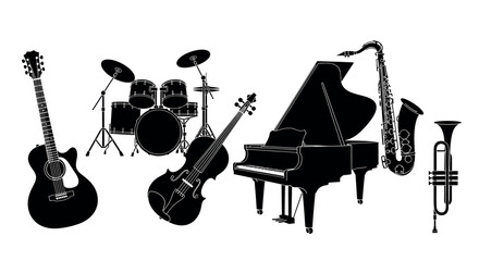 Black silhouette of various musical instruments including a guitar, drum set, cello, grand piano, saxophone, and trumpet.