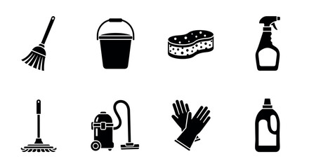 Black silhouette icons depicting various cleaning tools, including a broom, bucket, sponge, spray bottle, mop, vacuum cleaner, gloves, and detergent bottle.