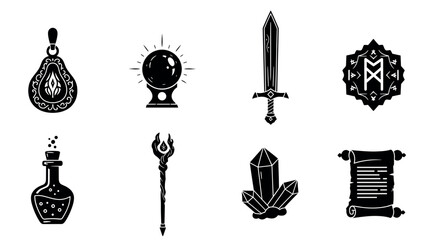 Black and white icons of fantasy items including a pendant, crystal ball, sword, shield, potion, staff, crystals, and a scroll, designed with intricate details.