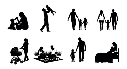 Black silhouettes depicting various family activities, including parents with children, a couple with a stroller, and a family picnic.
