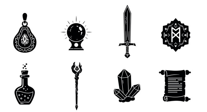 Black and white icons of fantasy items including a pendant, crystal ball, sword, shield, potion, staff, crystals, and a scroll, designed with intricate details.