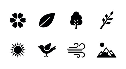 Fototapeta premium Eight black silhouette icons representing nature elements, including a flower, leaf, tree, branch, sun, bird, wind, and mountains.