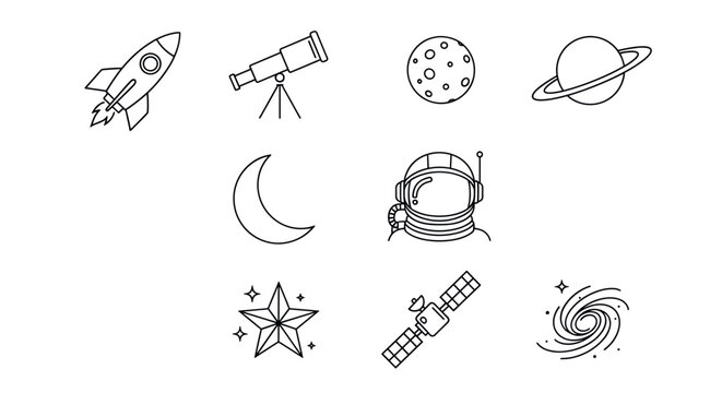 Black outline icons depicting space elements including a rocket, telescope, moon, astronaut, and satellite, ideal for astronomy and science themes.