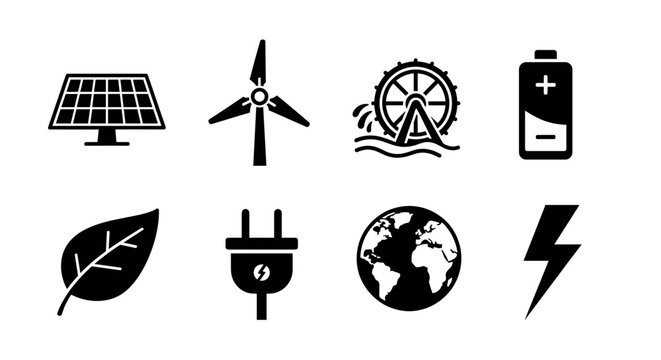 Set of eight black icons representing renewable energy concepts, including solar panel, wind turbine, water wheel, battery, leaf, plug, globe, and lightning bolt.