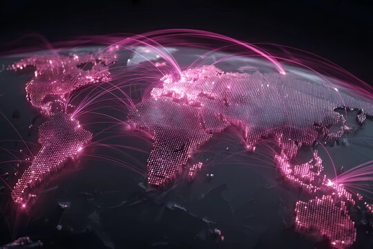 Global digital connectivity network displayed through illuminated lines and data points across the world