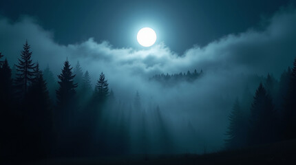 Cinematic night forest landscape, bright full moon glowing through thick rolling clouds