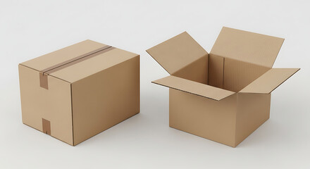 Fototapeta premium Plain cardboard box closed and open, isolated on light background, perfect for shipping or e-commerce packaging mockup.