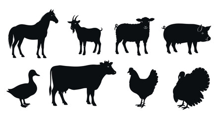 Silhouette illustrations of various farm animals including a horse, goat, sheep, pig, duck, cow, chicken, and turkey in a simple black outline style.