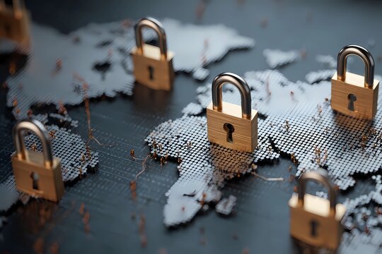 Global security represented by padlocks on a world map showing the importance of data protection and cybersecurity