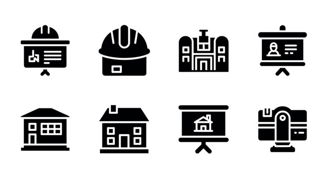 A set of eight black construction and architecture icons including hard hats, buildings, and project presentations on a white background.