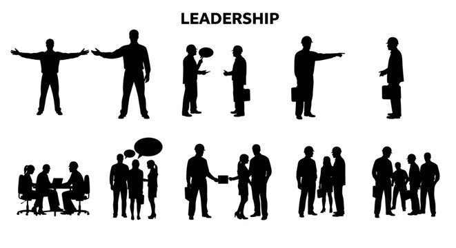 Silhouettes of individuals in various workplace scenarios, including discussions, presentations, and teamwork, emphasizing leadership and communication roles.