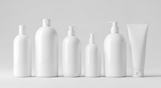 Blank shampoo and conditioner bottles set, different sizes, minimal packaging concept for cosmetic branding mockup.