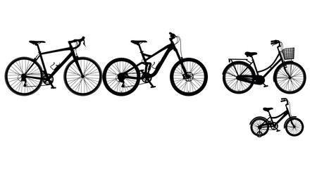 Obraz premium Silhouette of four different bicycle types including a road bike, mountain bike, city bike with basket, and a children's bike.