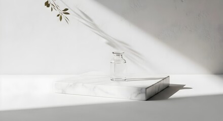 Minimal product display scene with soft sunlight and marble textures.