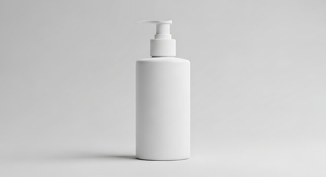 Minimalist blank white cosmetic bottle with pump dispenser on neutral background, clean design for branding mockup