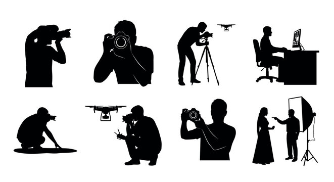 Silhouette illustrations of photographers and videographers using cameras, drones, and working at a computer in various professional settings.