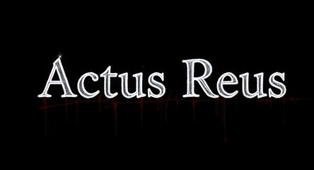 Actus Reus text with dark undertones creates suspense and intrigue