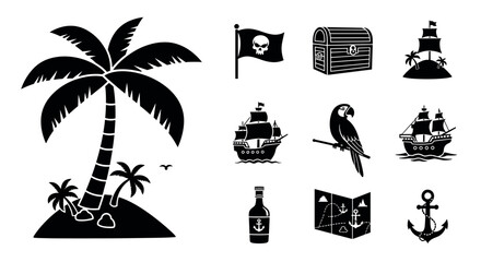 Black silhouette icons of pirate-themed elements including a palm tree, pirate flag, treasure chest, ship, parrot, map, bottle, and anchor.