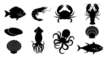 Collection of ten black silhouette icons depicting various seafood including fish, shrimp, crab, lobster, squid, octopus, clams, and scallops.