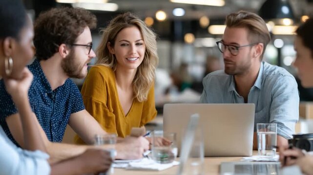 Collaborative Session: An engaging gathering of professionals, engrossed in a discussion around a modern workspace setting. A dynamic environment with focused ideas.