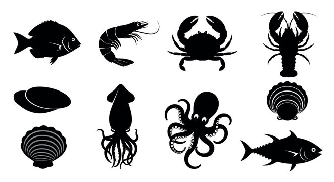 Collection of ten black silhouette icons depicting various seafood including fish, shrimp, crab, lobster, squid, octopus, clams, and scallops.