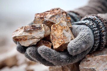 Obraz premium Holding cool textured rocks in a gloved hand at a remote outdoor location during winter