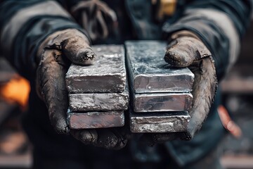 Worker holds shiny silver ingots in a foundry during a busy day of metal production