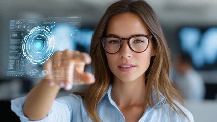Technology Interaction: A professional woman with glasses and focused expression interacts with a digital display, touching the interface with her index finger, in a modern. - Powered by Adobe