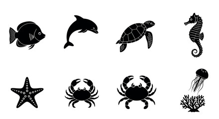 Obraz premium A collection of black silhouette sea creatures including a fish, dolphin, turtle, seahorse, starfish, crabs, jellyfish, and coral, arranged on a white background.
