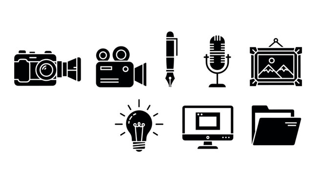 Black outline icons representing a camera, film camera, pen, microphone, framed artwork, lightbulb, computer monitor, and folder, symbolizing various creative and digital concepts.