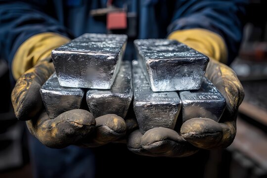 Metal worker holds several shiny silver bars in hands while showcasing craftsmanship in a workshop environment