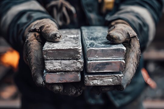 Worker holds shiny silver ingots in a foundry during a busy day of metal production
