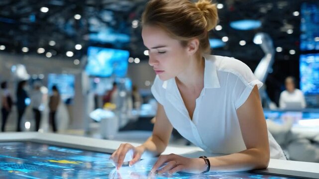 Woman Interacting with Interactive Display: A modern woman is deeply engrossed as she interacts with an interactive touch screen, her gaze fixed on the display's intricate details.