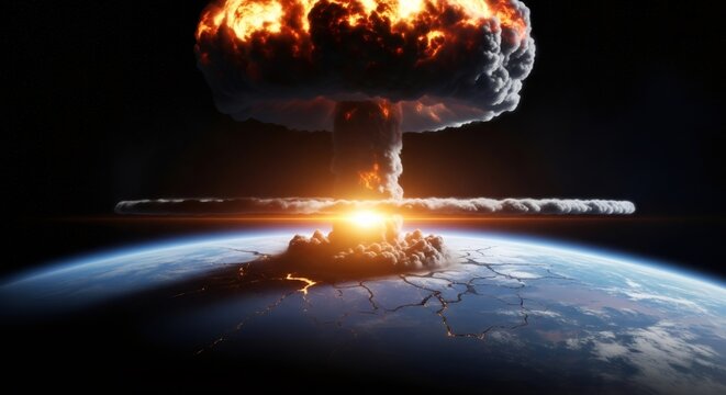A massive nuclear explosion on planet Earth as seen from space. Atomic bomb detonation with a fiery mushroom cloud. Apocalypse and global destruction concept.