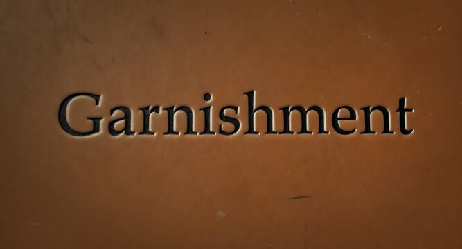 Elegant 'Garnishment' word embossed on rich brown leather texture for luxury branding