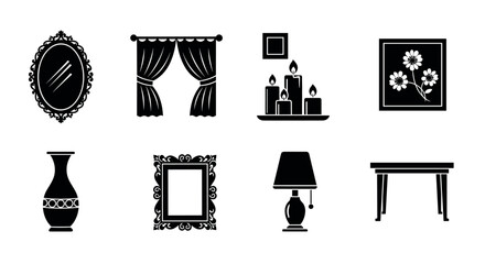 Black silhouette icons of various home decor items including a mirror, curtains, candles, flower picture, vase, picture frame, lamp, and table.