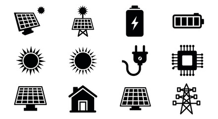 Set of twelve black silhouette icons representing solar panels, batteries, energy sources, and technology essentials for renewable energy concepts.