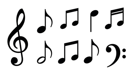 Collection of black music symbols including a treble clef, bass clef, and a variety of musical notes arranged in a grid format.