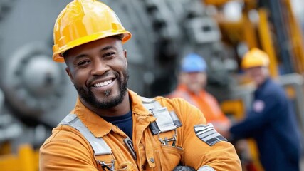 Smiling Engineer: A confident engineer, clad in an orange work suit and hard hat, beams with pride and expertise against the backdrop of industrial machinery.