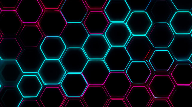 Digital honeycomb neon hexagons futuristic cyber technology glowing dark light geometric pattern abstract modern design background