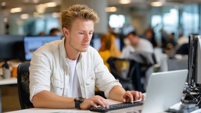 Focused Professional: A concentrated individual, engrossed in his work at a modern office desk, expertly navigating the digital landscape with a laptop and keyboard.