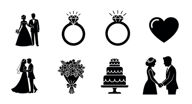 A series of black silhouette icons featuring a wedding couple, engagement rings, a heart, a kissing bride and groom, a floral bouquet, a tiered cake, and a couple holding hands.