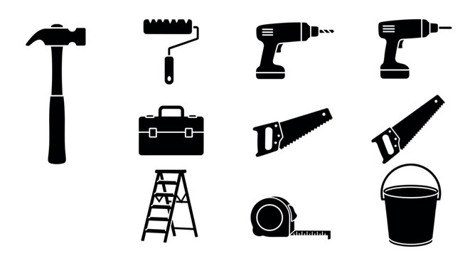 Black silhouette icons of essential construction tools, including a hammer, roller brush, drills, toolbox, saws, ladder, tape measure, and bucket.