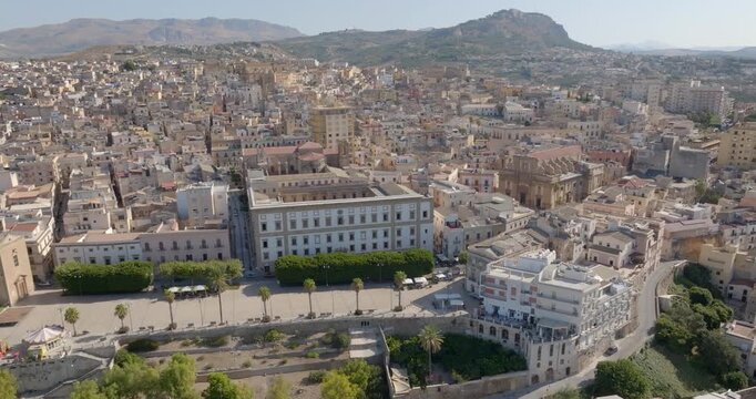Aerial view of the historic center of the town of Sciacca, in the province of Agrigento, Sicily, Italy. It's a beautiful, sunny summer day.