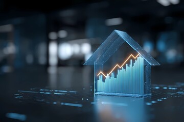 Digital representation of a house with a rising graph, symbolizing real estate market growth and trends