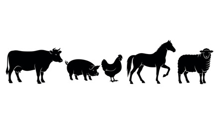 Obraz premium Silhouettes of farm animals including a cow, pig, chicken, horse, and sheep standing side by side, displaying various recognizable postures.