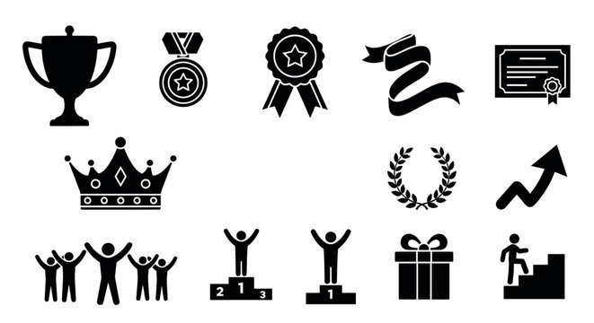 Black silhouette icons of trophy, medals, award ribbons, certificate, crown, laurel wreath, and people celebrating achievements.