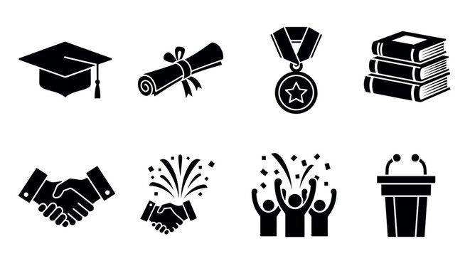 Eight black silhouette icons depicting academic achievement, including a graduation cap, diploma, medal, stack of books, handshake, celebration, and a podium.