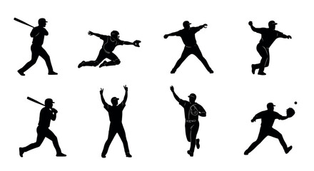 Silhouette illustrations of male baseball players in various action poses, including batting, catching, pitching, and celebrating.