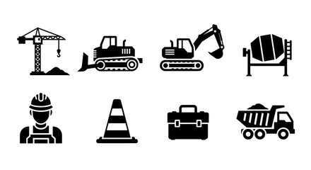 Black silhouette icons depicting various construction elements, including a crane, bulldozer, excavator, concrete mixer, worker, traffic cone, toolbox, and dump truck.